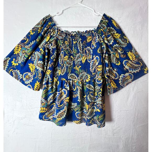 ✨Status By Chenault M Off Shoulder Peasant Blouse Boho Floral Blue Yellow - Picture 1 of 6